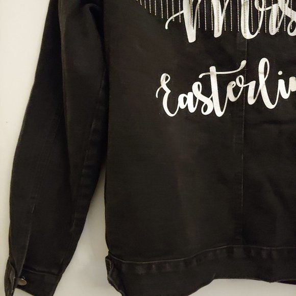 Denim Jacket Fully Studded Chain Fringe Mrs Easterling Black pockets Button down - Picture 11 of 16